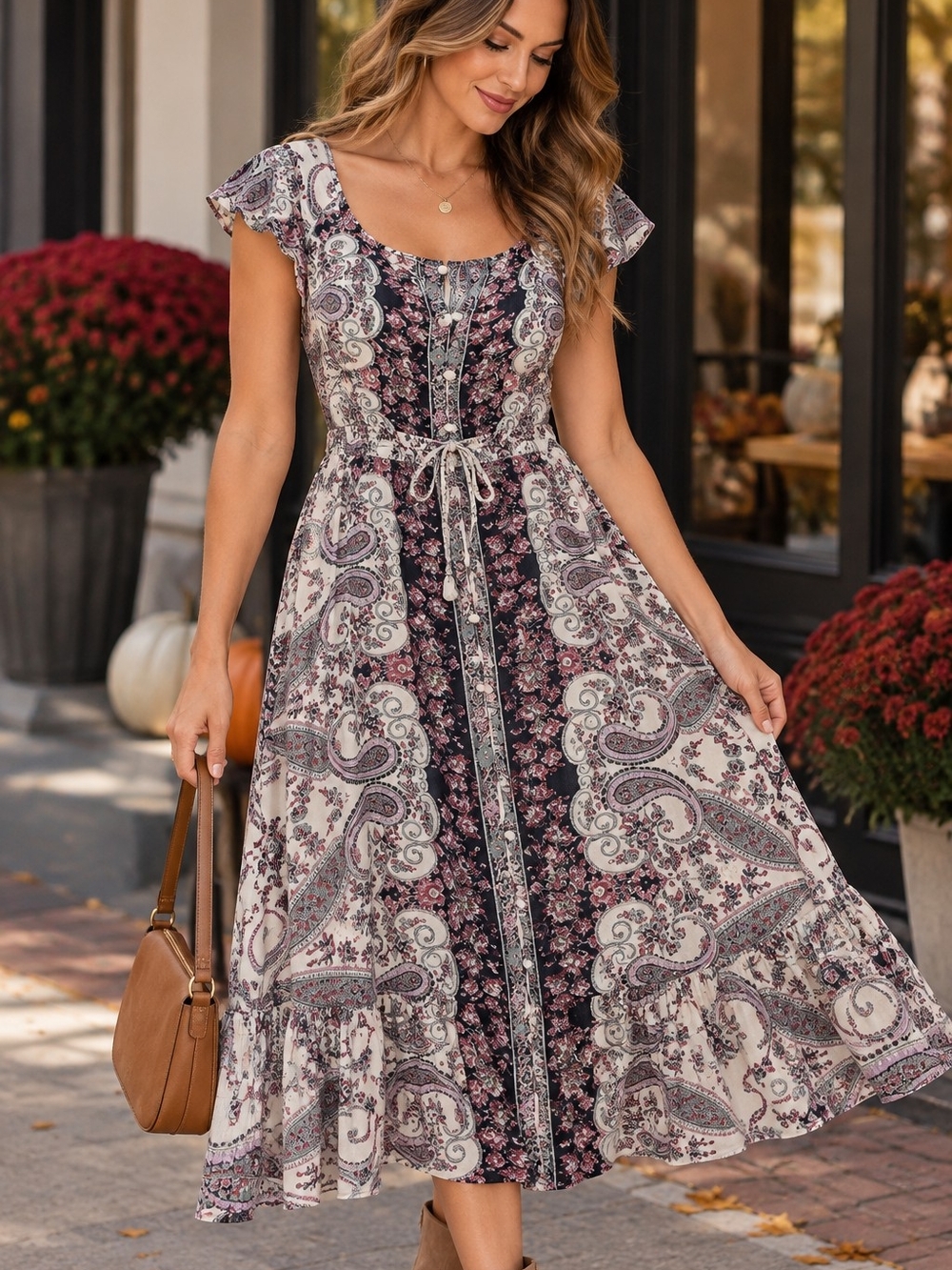 Lucky Brand Floral Paisley Button Front Boho Midi Dress M